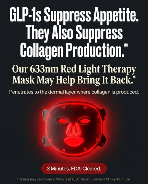 This image ad presents the problem that GLP-1s suppress collagen production and offers the solution of using a 633nm Red