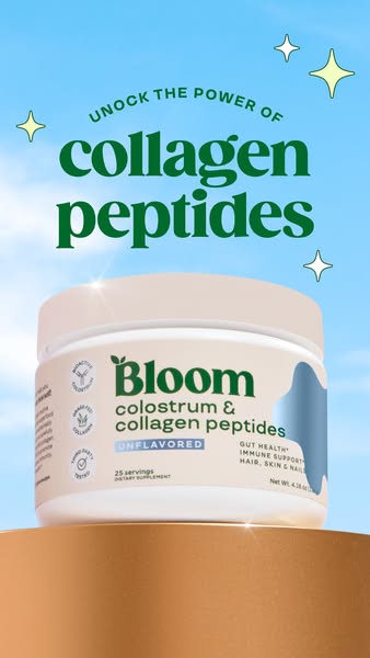This image ad for Bloom Nutrition promotes their Colostrum & Collagen Peptides supplement. The ad features a single 