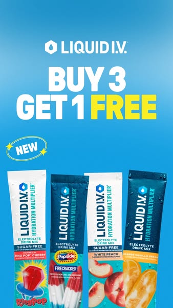 This ad for Liquid I.V. features four electrolyte drink mix packets with different flavors and promotes a "Buy 3 Ge