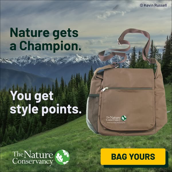 This image ad for The Nature Conservancy promotes a bag, highlighting both its stylish design and the brand's commit