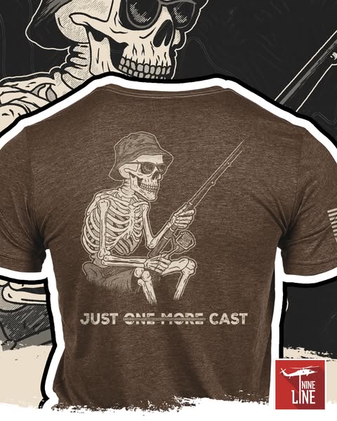 This image ad showcases a Nine Line Apparel t-shirt with a skeleton fishing design, emphasizing the brand's patrioti
