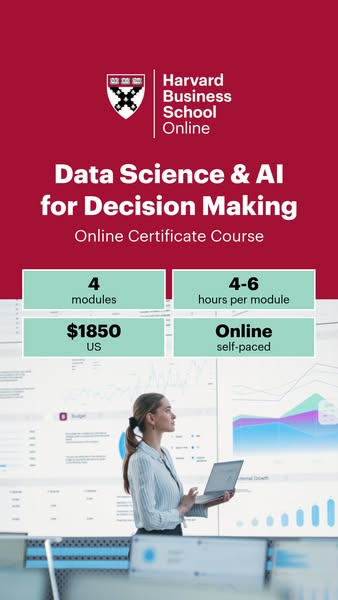 This ad for Harvard Business School Online uses a vertical format with a color block at the top and a stock photo of a w