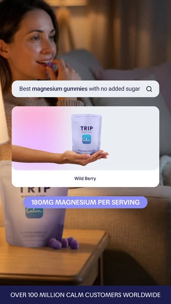 An ad for TRIP magnesium gummies featuring a woman eating one in a cozy setting, overlaid with product information.