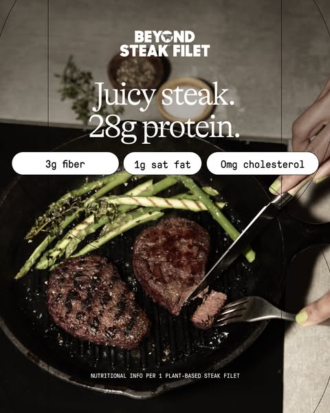 An image ad that features a steak filet being cut in a skillet with asparagus. The ad highlights the nutritional informa
