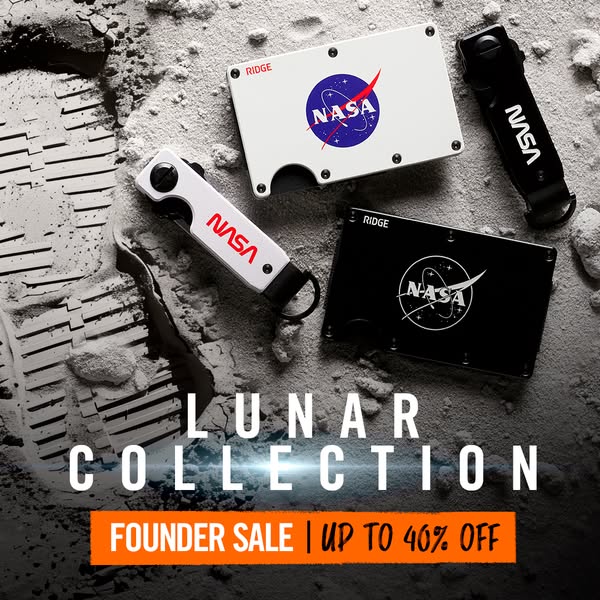 This ad showcases Ridge Wallet's Lunar Collection. The ad features multiple products from the collection laid out on
