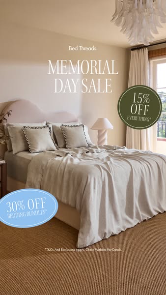 An ad for Bed Threads. promoting a Memorial Day Sale of 15% off everything and 30% off bedding bundles.
