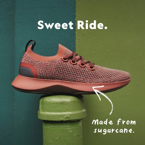 This ad showcases a shoe made from sugarcane and promotes the brand's values of sustainability and comfort. The sing