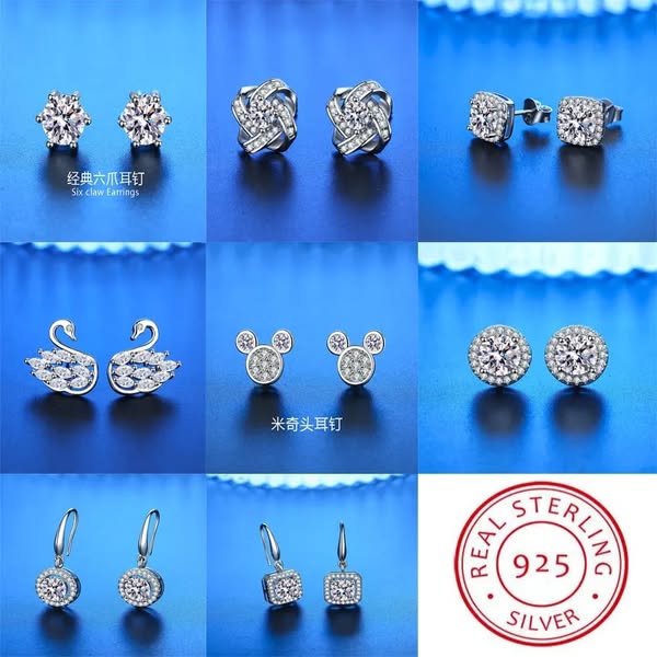 A grid style ad displaying a variety of stud earrings. The ad also shows the 925 sterling silver certification.