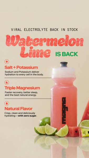 Ad for an electrolyte drink mix powder, highlighting its key ingredients (salt, potassium, magnesium) and natural flavor
