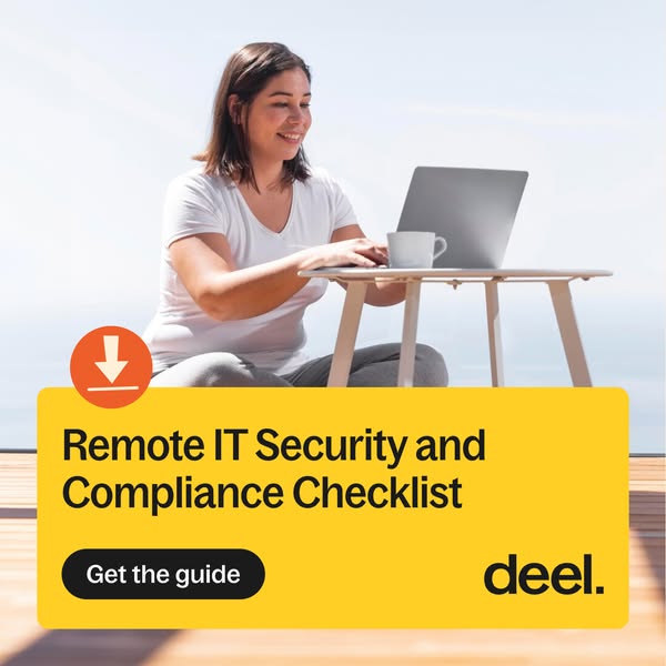 The ad promotes Deel and their Remote IT Security and Compliance Checklist. The ad features a woman working on her lapto