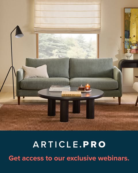 This ad for Article.pro features a living room setup with a couch, coffee table, and other decor. The ad promotes access