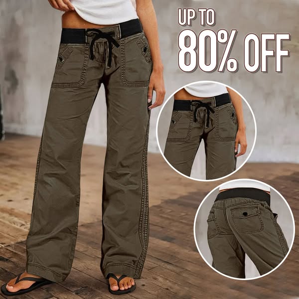 This image ad displays women's cargo pants, showcased in multiple views, highlighting a discount offer.