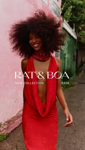 This ad promotes Rat & Boa's new collection with a model wearing a red dress.