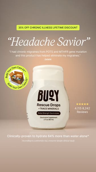 This ad for Buoy Rescue Drops features a customer testimonial about how the product has helped eliminate her migraines. 