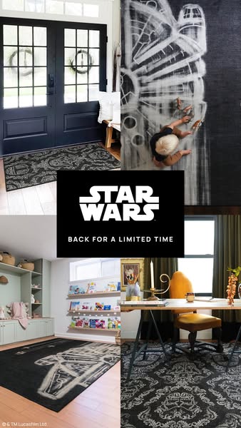 This ad promotes Star Wars-themed rugs. The ad features a four-image collage, with the Star Wars logo and promotional te