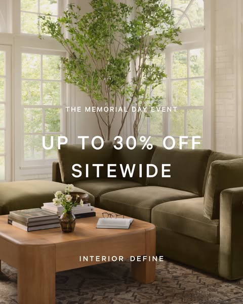This ad for Interior Define promotes a sitewide Memorial Day event offering up to 30% off. The visual showcases a stylis
