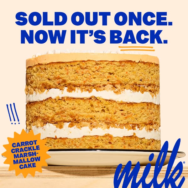 This image ad showcases Milk Bar's Carrot Crackle Marshmallow Cake, highlighting its return after selling out. The a