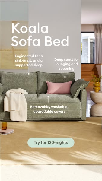 This ad showcases the Koala Sofa Bed, highlighting its comfort and versatility with features like a sink-in sit, deep se