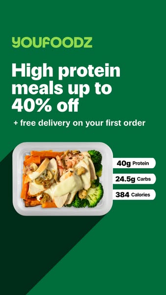 This ad promotes Youfoodz, offering high-protein meals with a discount of up to 40% off and free delivery on the first o
