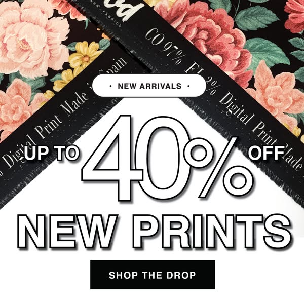 This ad promotes new prints with a discount of up to 40% off. The ad features a close-up of floral-patterned fabric and 