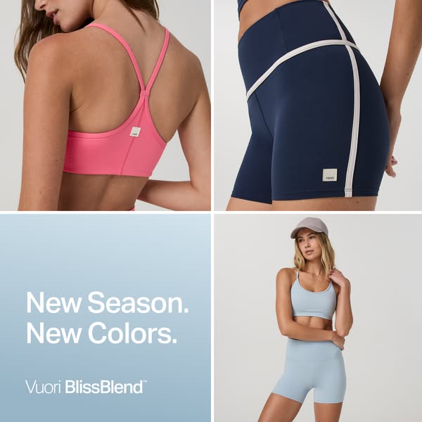 This ad features Vuori's BlissBlend activewear collection in new seasonal colors. It employs a quadrant grid to show