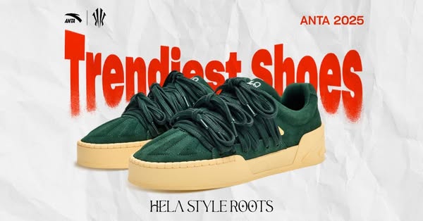 This ad showcases a pair of green ANTA brand shoes with a tan sole. The ad highlights the brand name and the phrase &quo