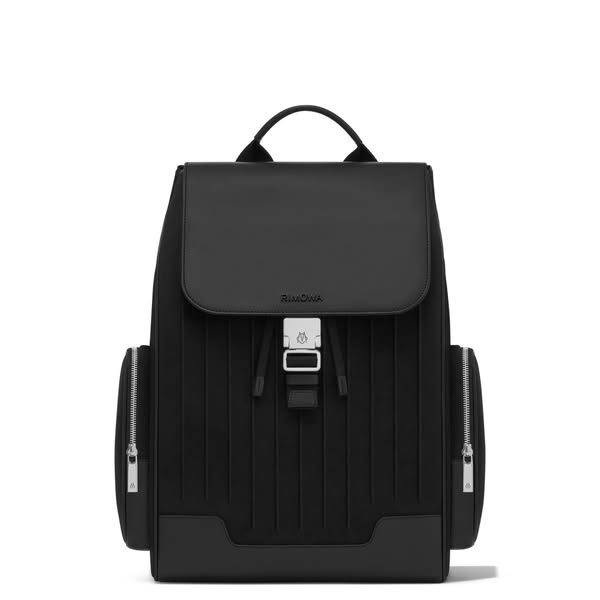 This ad features a black Rimowa backpack against a white background.