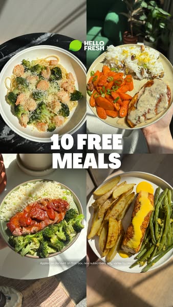 This ad for HelloFresh uses a grid layout to showcase four different meals. The ad promotes an offer of 10 free meals.