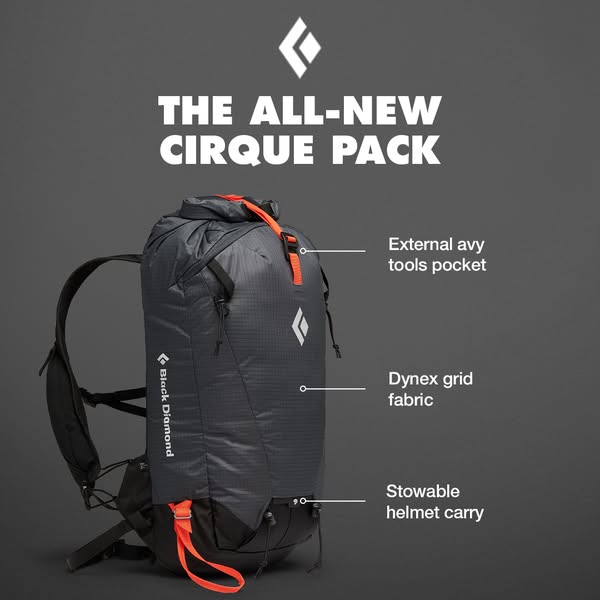 This ad showcases the Black Diamond Cirque Pack, highlighting its key features such as the external avy tools pocket, Dy