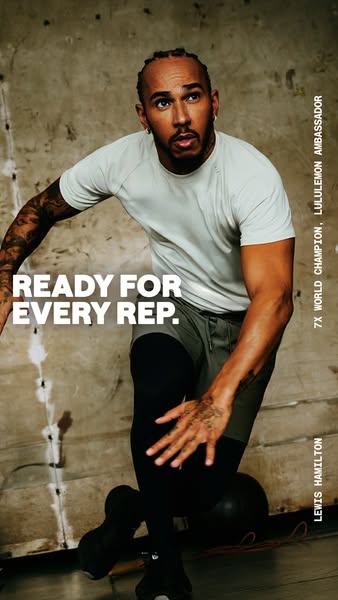 This image ad features Lewis Hamilton, a Lululemon ambassador, in athletic apparel. The ad highlights performance wear d