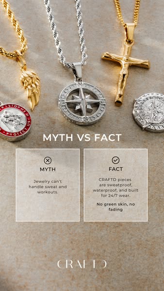 This ad for CRAFTD jewelry uses a myth vs. fact format to address the concern that jewelry can't handle sweat and wo