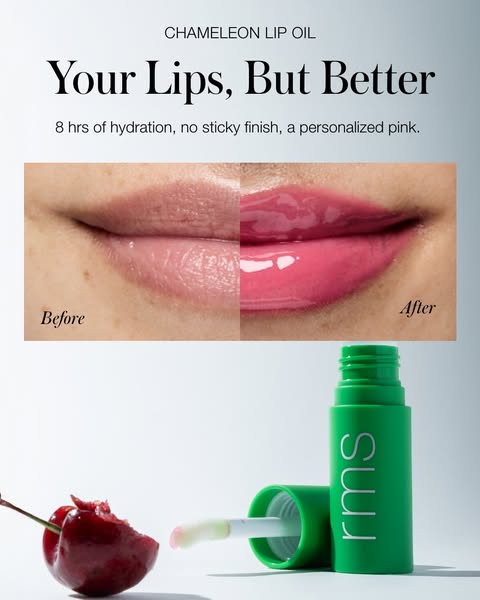 Image ad for RMS Beauty Chameleon Lip Oil. The ad shows a close up of lips before and after application. Text reads, 