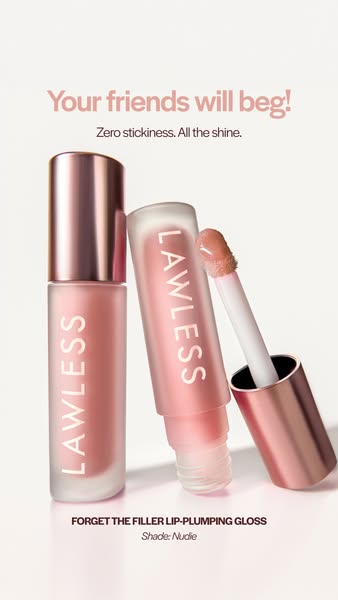 This ad showcases Lawless lip plumping gloss. It makes claims about shine and lack of stickiness. It highlights the valu