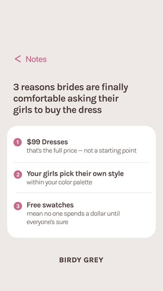 This ad presents three reasons that brides are finally comfortable with asking their bridesmaids to purchase dresses. Th