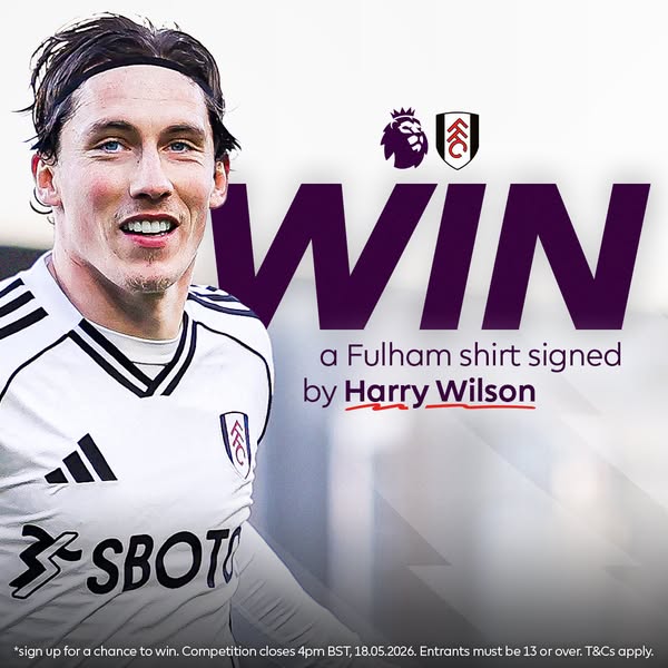 This image ad promotes a chance to win a Fulham shirt signed by Harry Wilson by signing up for a chance to win. Competit