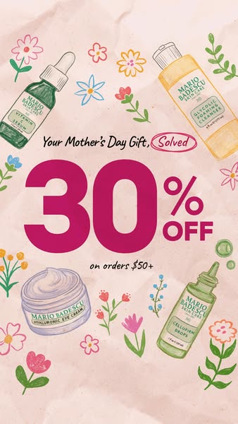 The ad features four Mario Badescu skincare products with a 30% off promotion for Mother's Day.