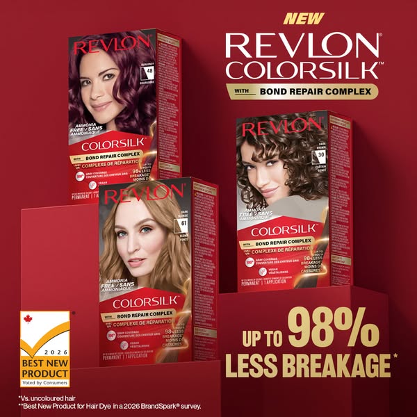 A photo of three boxes of Revlon ColorSilk hair dye stand on a red background with text that claims the product delivers