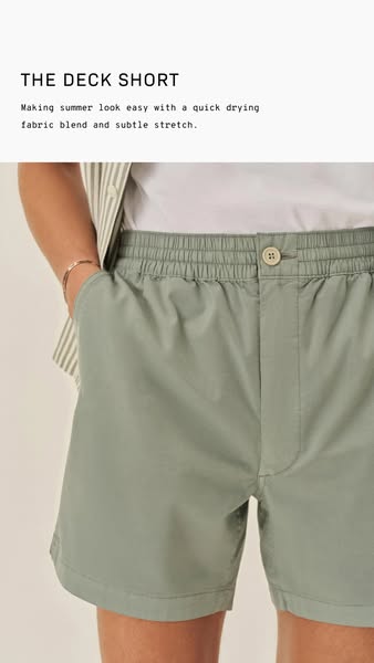 An ad for a pair of "Deck Short" shorts that highlights the quick-drying fabric and subtle stretch of the shor