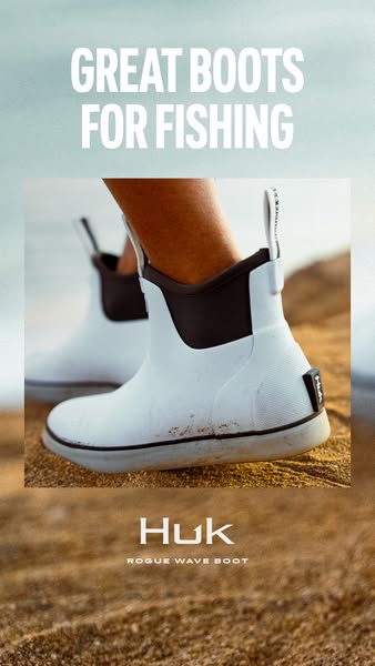 This ad shows a pair of white Huk Rogue Wave boots being worn on a beach. The ad emphasizes the fact that these are grea