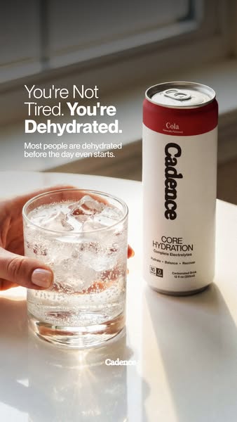 An image ad for Cadence Core Hydration drink, featuring a glass of the beverage next to a can of Cadence. The ad highlig