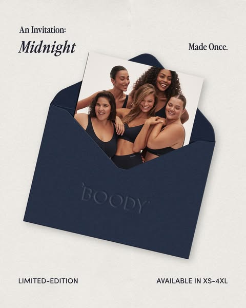 This image ad for Boody Eco Wear features a photograph of five smiling women in the brand's underwear line, presente