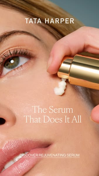 Close up shot of Tata Harper Rejuvenating Serum, with copy, "The Serum That Does It All."