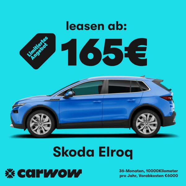 This image ad showcases the Skoda Elroq, promoting a leasing offer starting from €165. It includes the car's image, 
