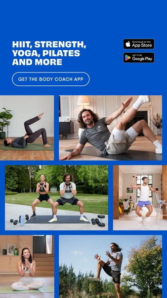 This image ad promotes The Body Coach app, highlighting its variety of workout options and ease of access through app st