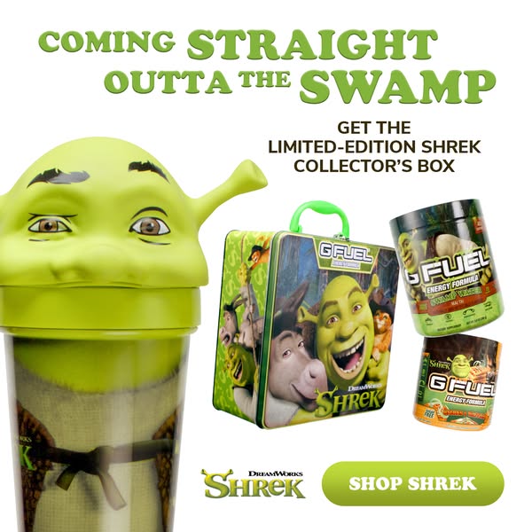 The ad features a variety of Shrek-themed GFUEL energy products, emphasizing the limited-edition collector's box. It