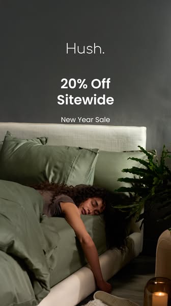 This ad for Hush promotes a New Year Sale with 20% off sitewide. The image features a woman sleeping comfortably in bed 