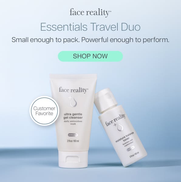 This ad promotes Face Reality's Essentials Travel Duo, emphasizing its portability and effectiveness. The image feat