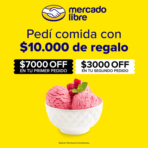 This image ad promotes Mercado Libre food delivery with a discount. It features an image of ice cream in a yellow backgr