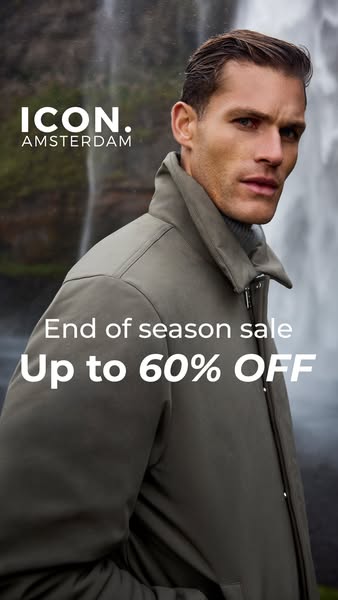 An ad for ICON. Amsterdam showing a man in front of a waterfall wearing one of the brand's jackets that is currently