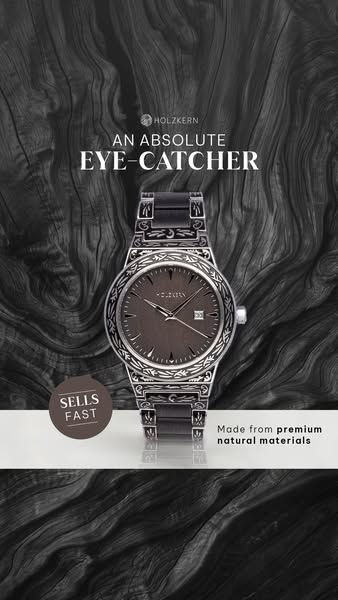 This ad showcases a HolzKern watch against a wood-grain background, emphasizing its design and natural materials. The ad